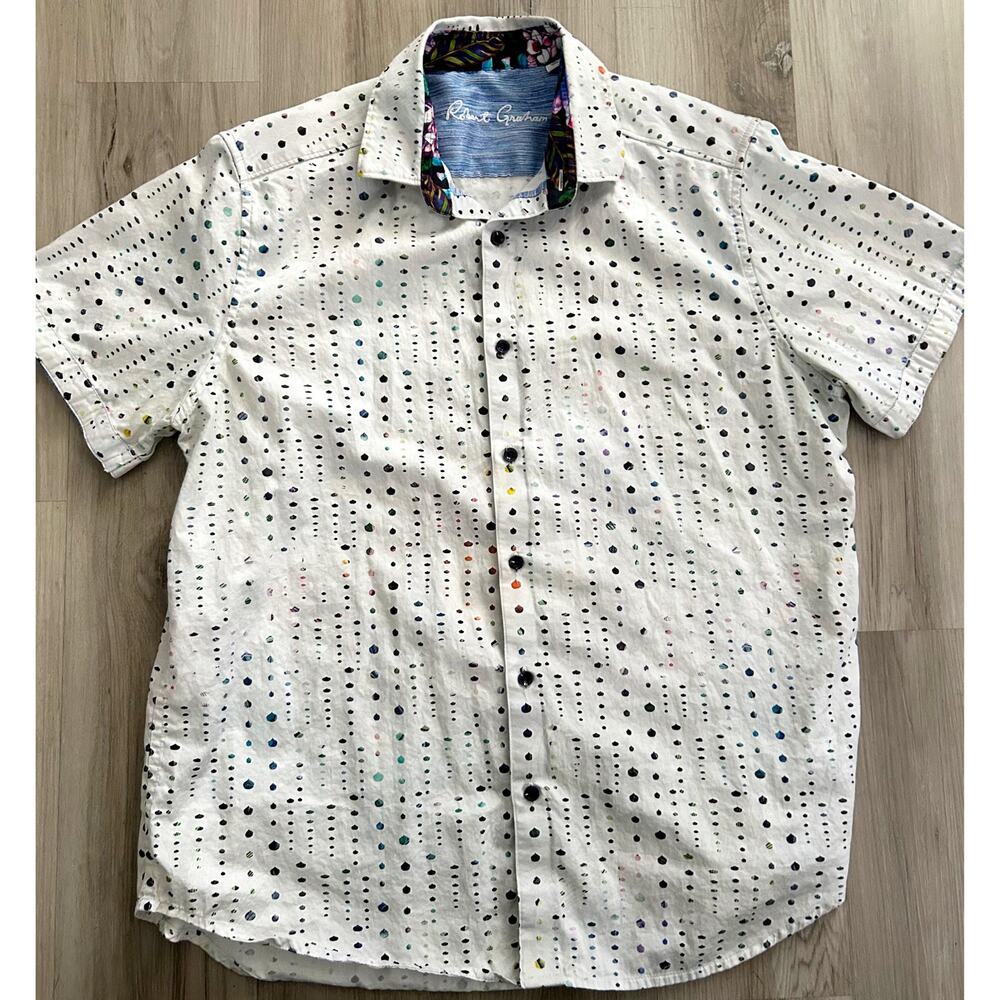 Robert Graham White Panted Color Dots Abstract Button Down Mens Shirt Sz Lrg EUC